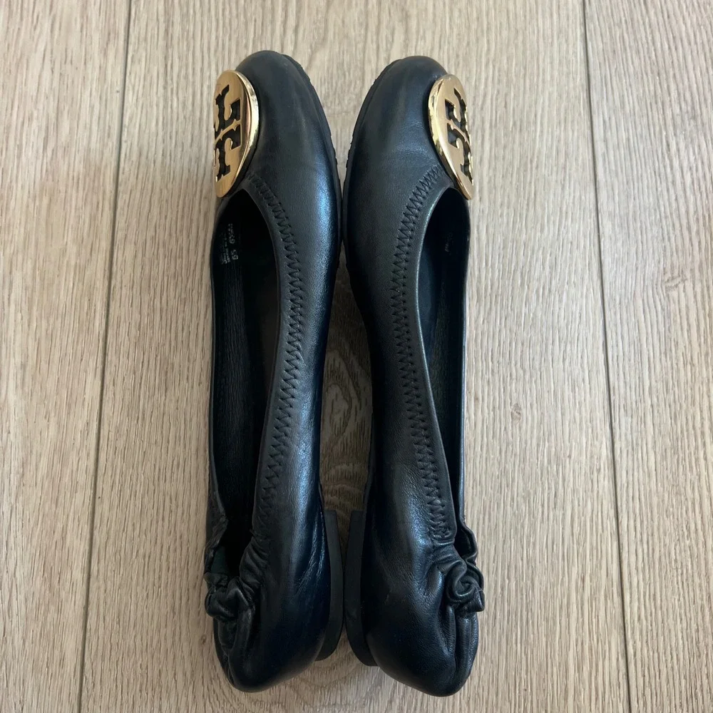 Tory Burch Minnie Travel Ballet Flats Black Leather Gold Logo Women's 6.5M